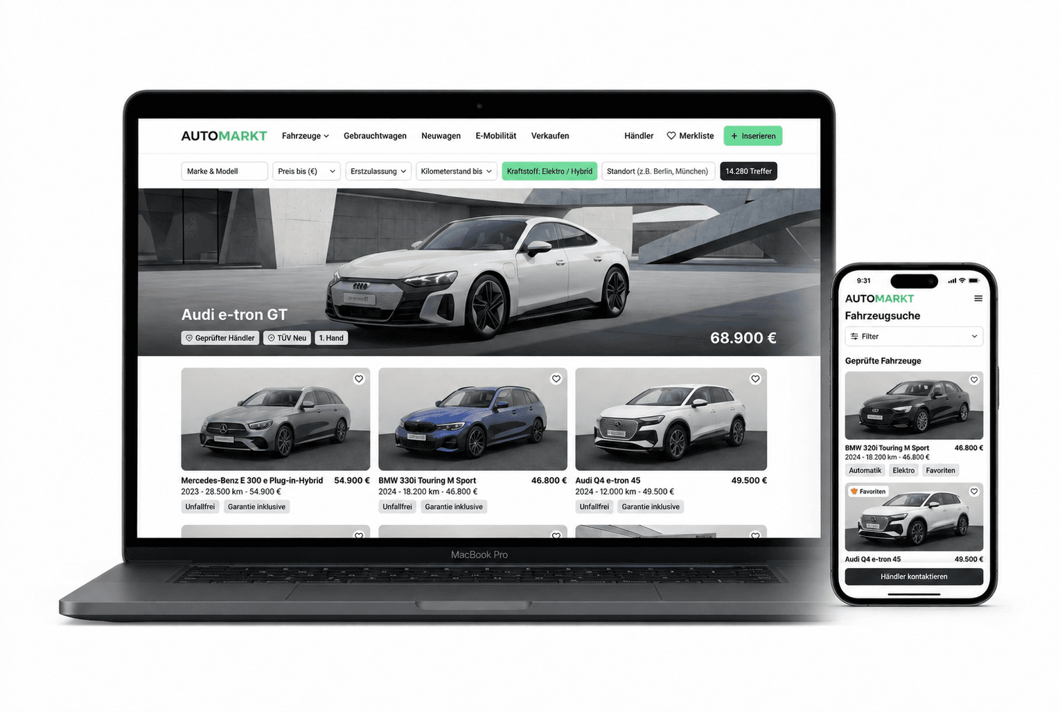 Moderne Fahrzeugmarkt-Plattform auf Desktop- und Mobilgeräten