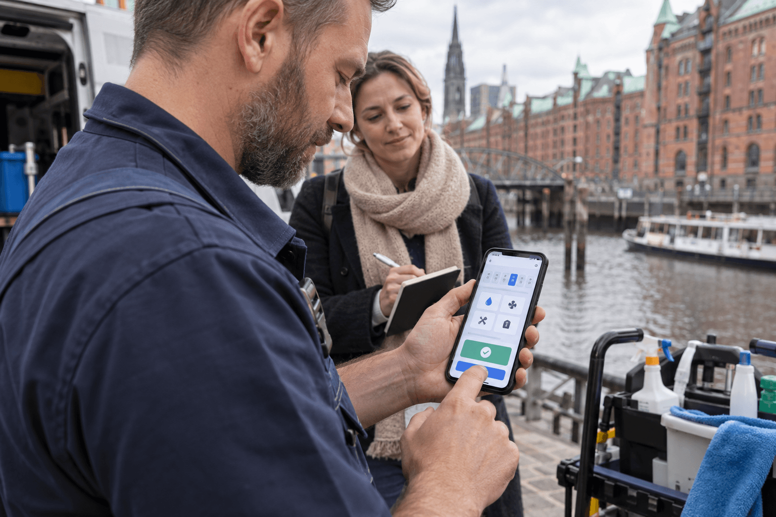 Servicetechniker testet einen mobilen Arbeitsablauf im Hamburger Hafen