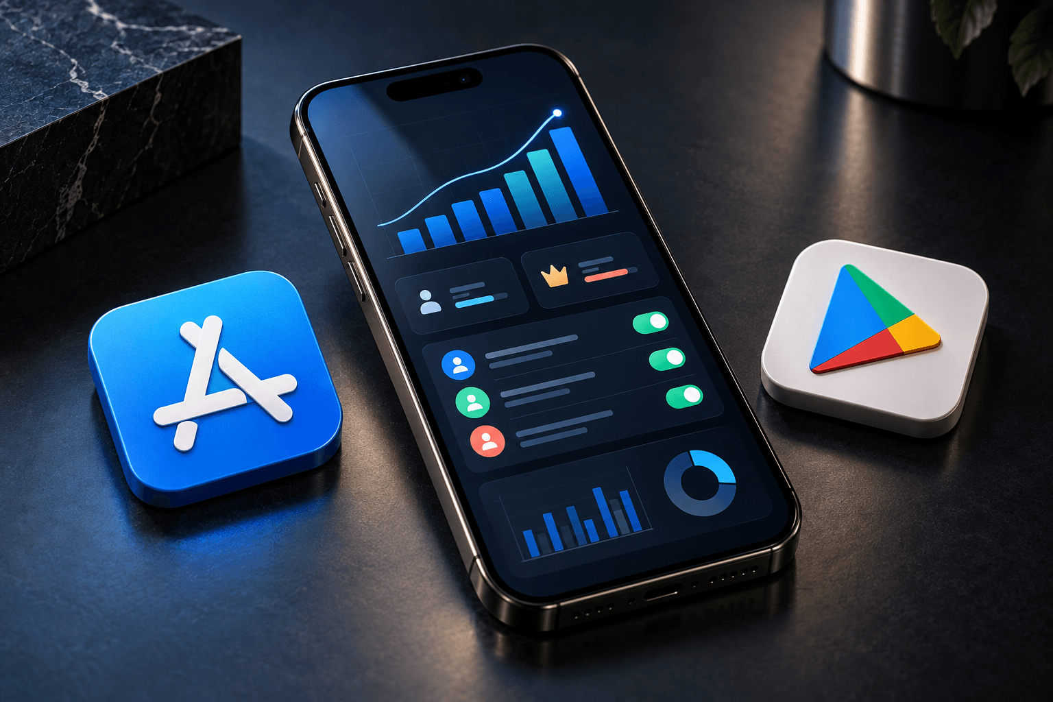 iPhone mit Umsatzanalyse zwischen den Symbolen des Apple App Store und Google Play Store