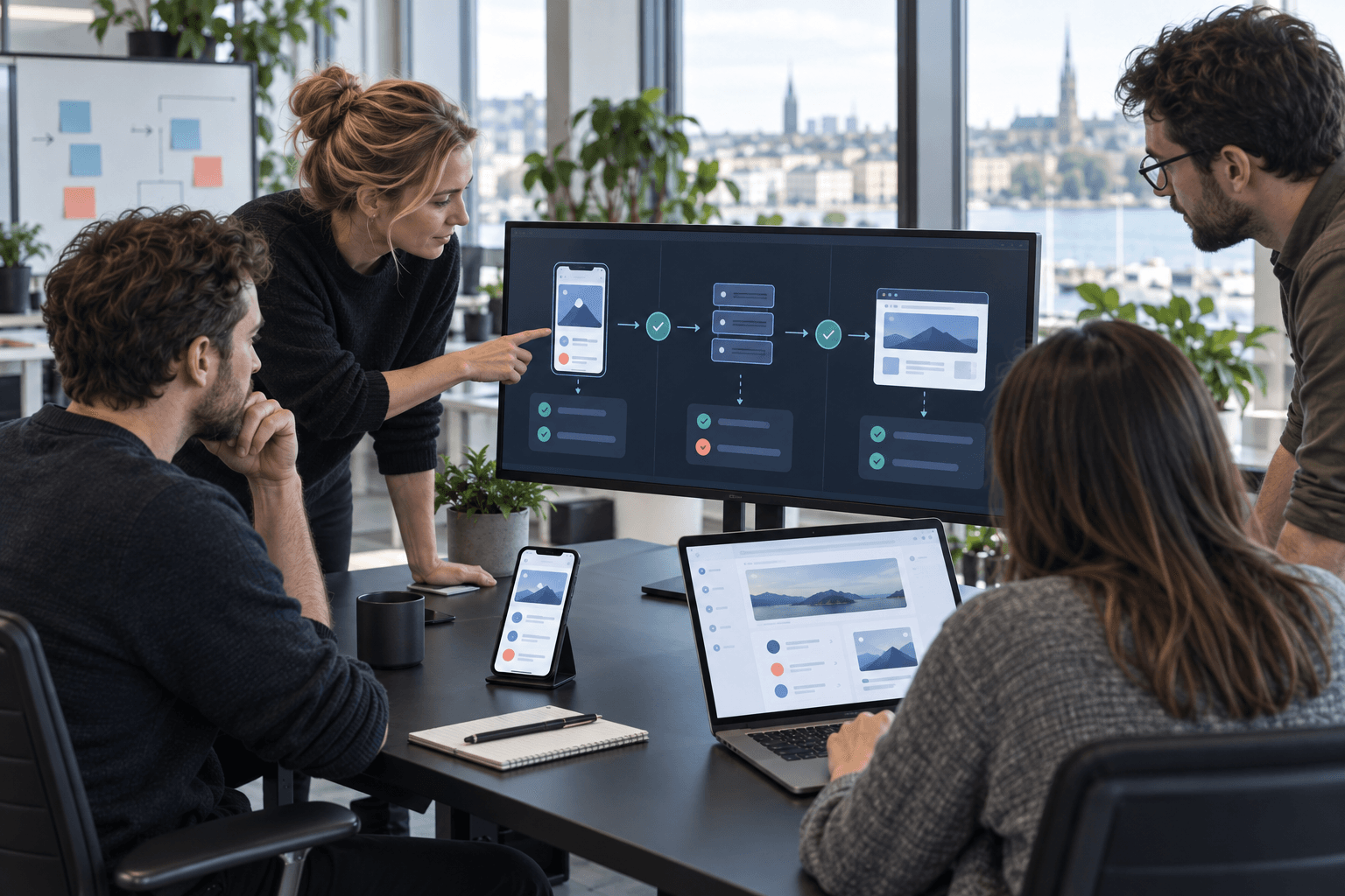 Softwareteam prüft die Release-Planung für Mobile App, Backend und Webplattform